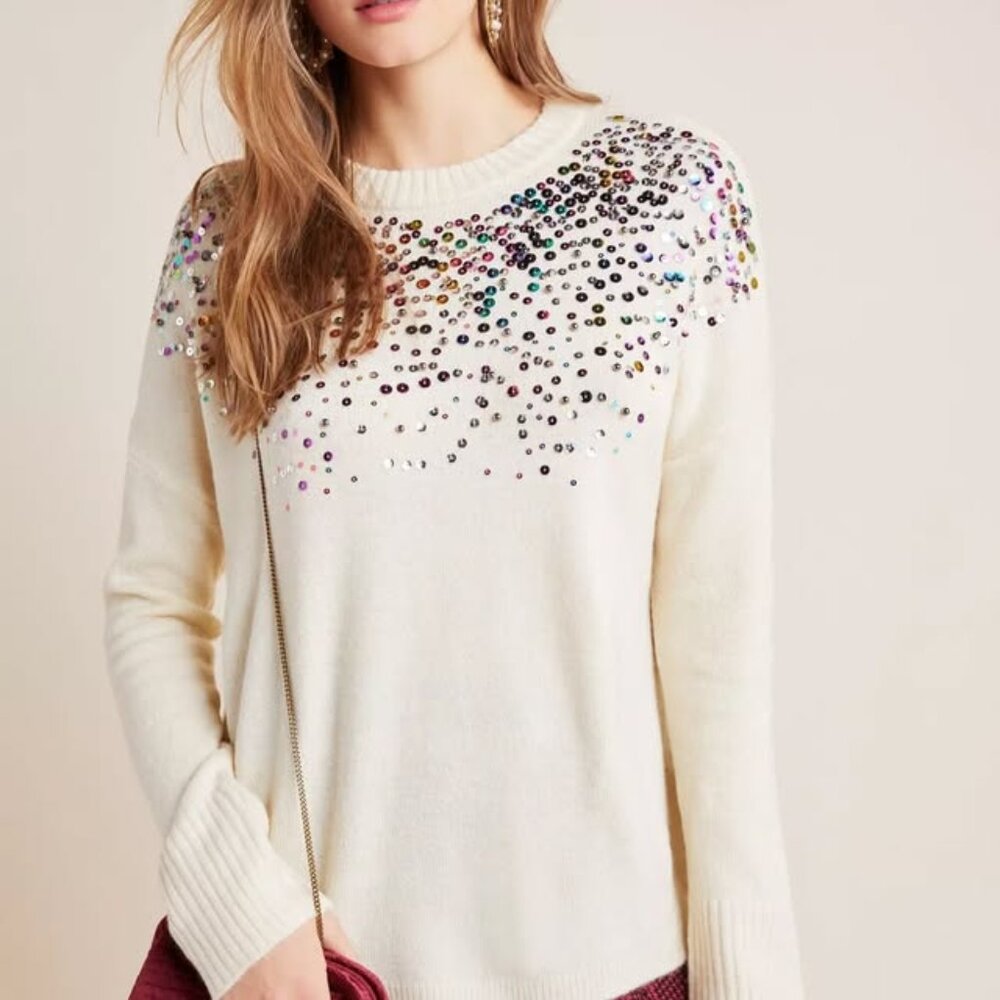 Anthropologie Vanessa ivory rainbow confetti sequin sweater (Lea & Viola), l (fi